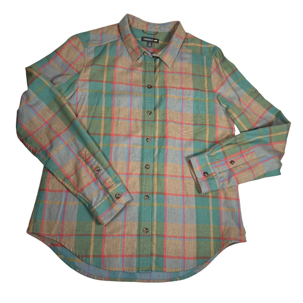 Toad&Co Womens Camas LS Shirt Organic Cotton Plaid Button Down Teal Orange M Eco